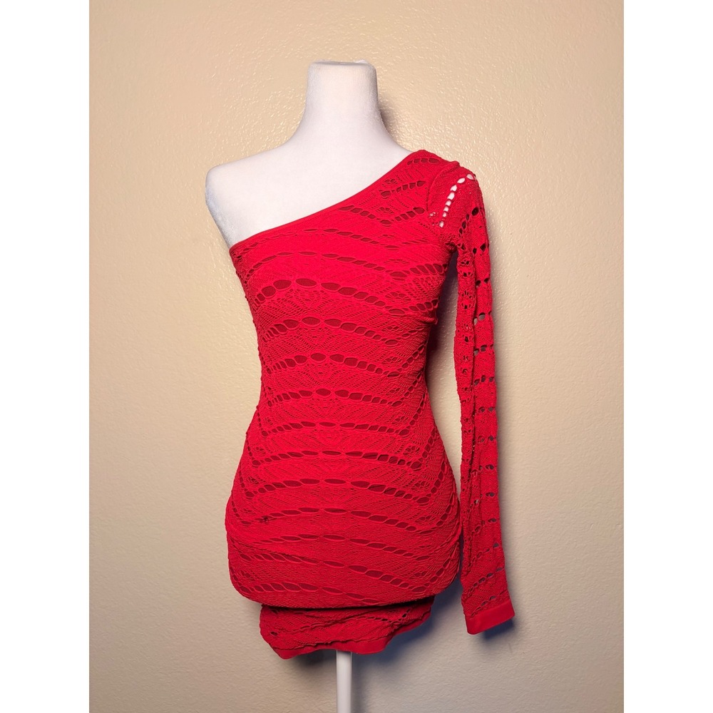 Y2K Sexy Bebe Red One Shoulder Pointelle Knit Bodycon Mini Dress Small #9